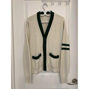 Vintage 60 Orlon Varsity Cardigan Cream Off White Forest Green Buttons Old Money